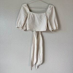 H&M Gingham Puff Sleeve Crop Top Open Tie Back Cottagecore Milkmaid